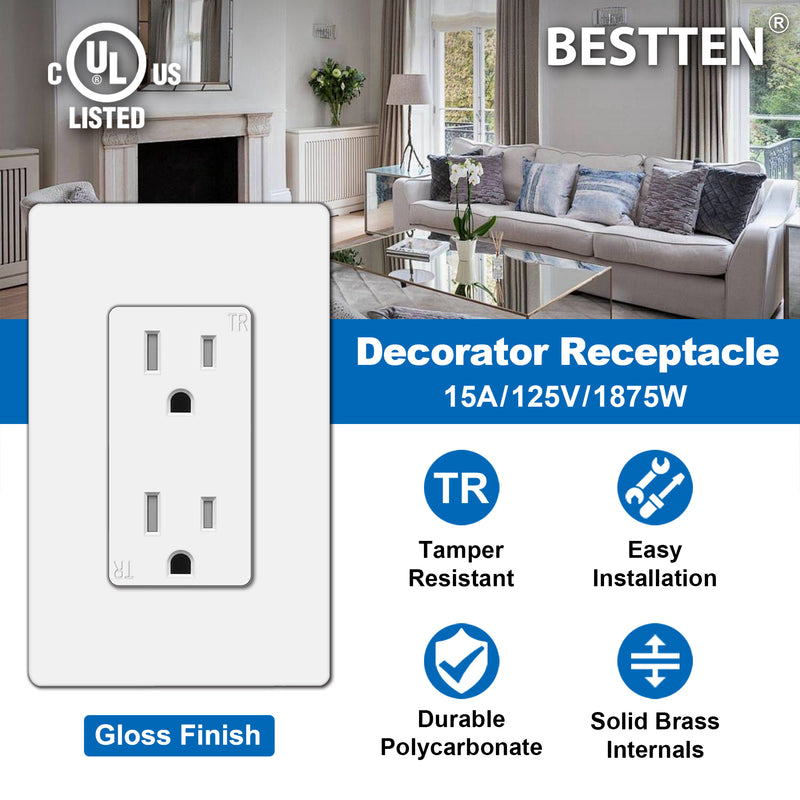 [10 Pack] BESTTEN 15 Amp Decorator Receptacle Outlet with Tamper Resistant, Screwless Wallplate Included, 110V/15A, for Commercial and Residential Use, UL Listed, White