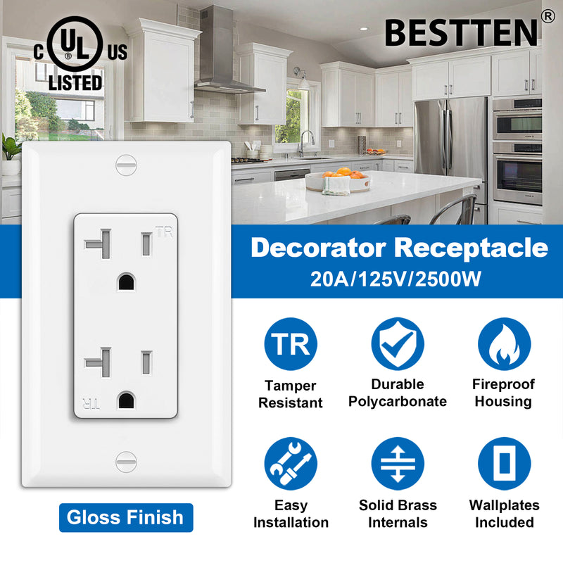 [10 Pack] BESTTEN 20 Amp Wall Receptacle Outlet, Tamper-Resistant (TR), Residential and Commercial Use, 20A/125V/2500W, UL Listed, White