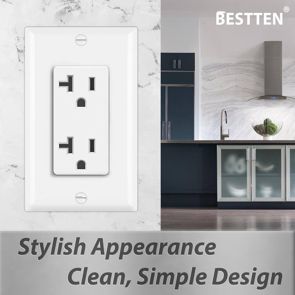[50 Pack] BESTTEN 20 Amp Decorator Wall Receptacle, 20A Electical Outlet with Wallplates, Non-Tamper-Resistant, Residential & Commercial Use, 20A/125V/2500W, UL Listed, White