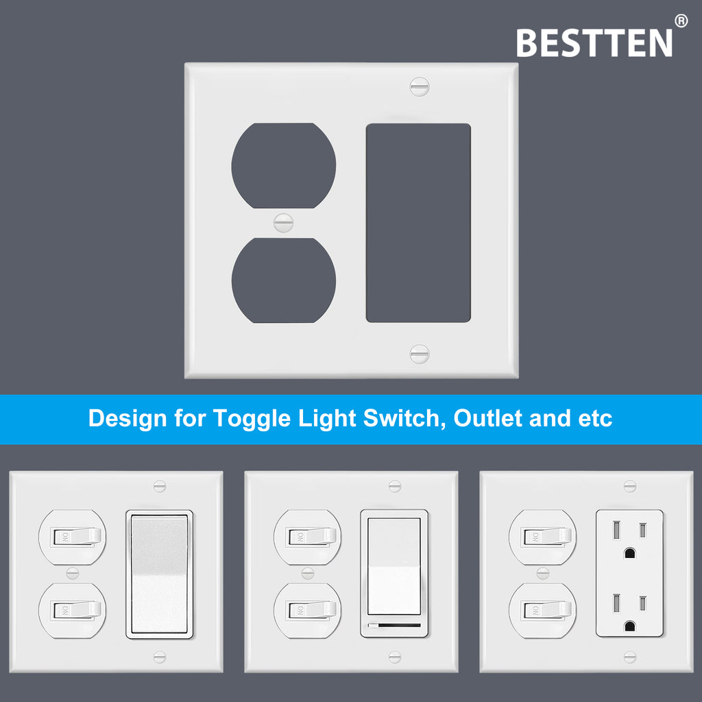 [2 Pack] BESTTEN 2-Gang Combination Light Switch Wall Plate, 1-Duplex/1-Decor, Standard Size, Unbreakable Polycarbonate Receptacle Outlet Cover, UL Listed, White