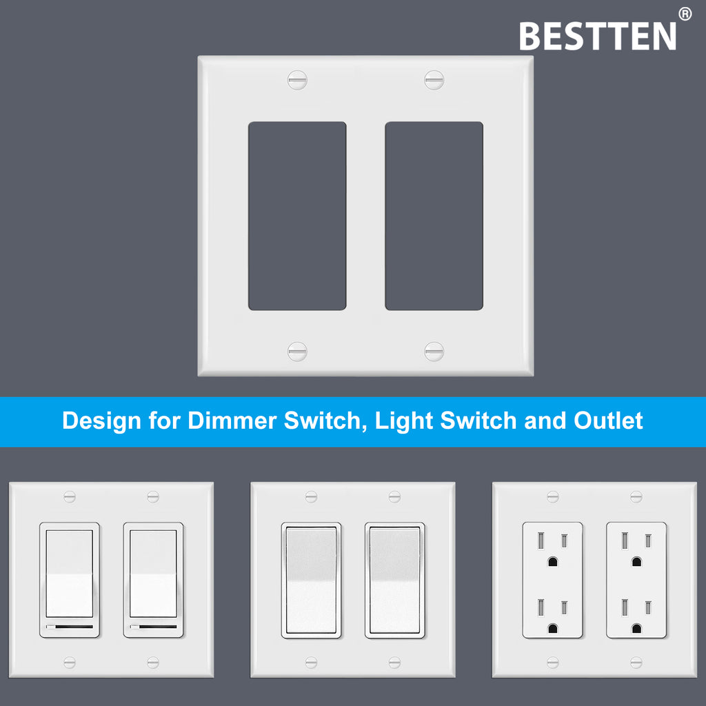 [2 Pack] BESTTEN 2-Gang Decorator Wall Plate, Standard Size, H4.53-Inch x W4.57-Inch, Unbreakable Polycarbonate Outlet and Switch Cover, UL Listed, White