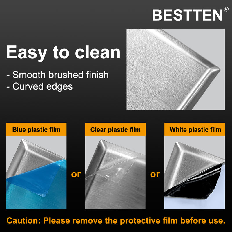 [5 Pack] BESTTEN Duplex Metal Wall Plate with Protective Film, 1-Gang Standard Size, Corrosion-Resistant Stainless Steel Outlet and Switch Cover, Industrial Grade, Brushed Finish, Silver