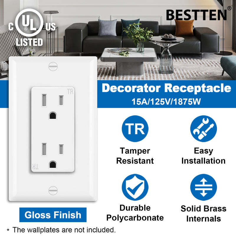 [40 Pack] BESTTEN 15 Amp Decorator Electrical Wall Receptacle Outlet, Child Safe Tamper Resistant, 15A/125V/1875W, Residential and Commercial Use, cUL Listed, White