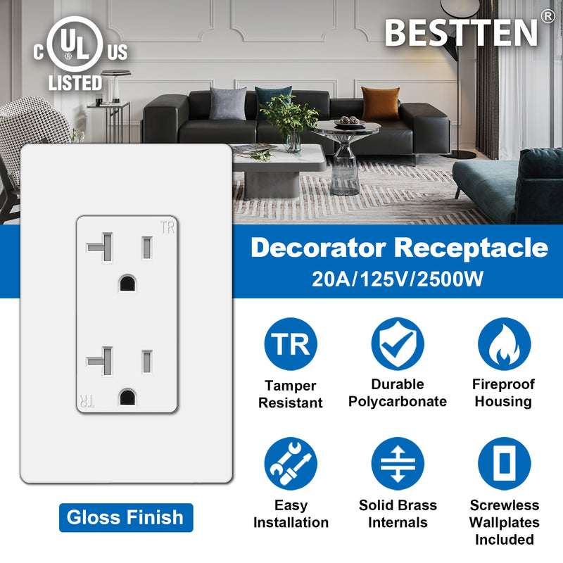 [10 Pack] BESTTEN 20 Amp Receptacle Outlet with Tamper Resistant, Screwless Wallplate Included, UL Listed, White