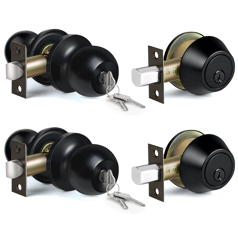 BESTTEN 2 Pack Keyed Same Exterior Door Knobs and Single Cylinder Deadbolts Combo Set, Keyed Alike Entry Door Knobs with Locks and Keys for Entrance and Front Door, Matte Black