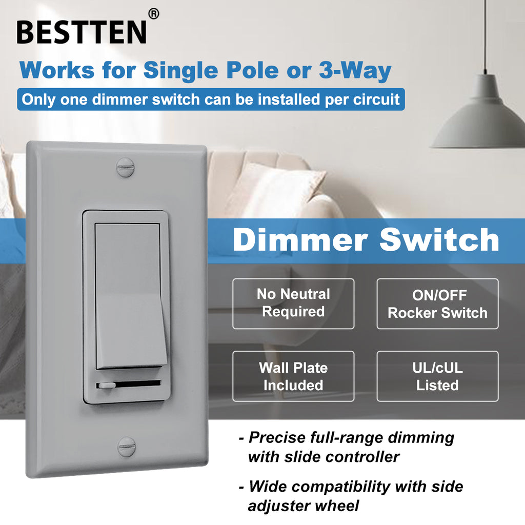 [2 Pack] BESTTEN Dimmer Switch, Universal Lighting Control, Single-Pole or 3-Way, Compatible with LED Dimmable Light, CFL, Incandescent, Halogen Bulb, UL Listed, Gray