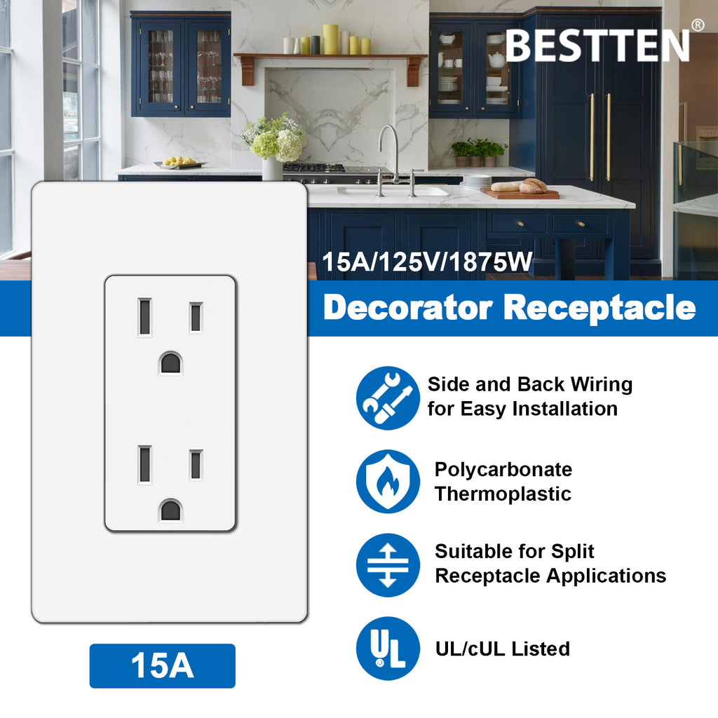[30 Pack] BESTTEN 15 Amp Decorator Receptacle Outlet with Tamper Resistant, for Commercial and Residential Use, UL Listed, White