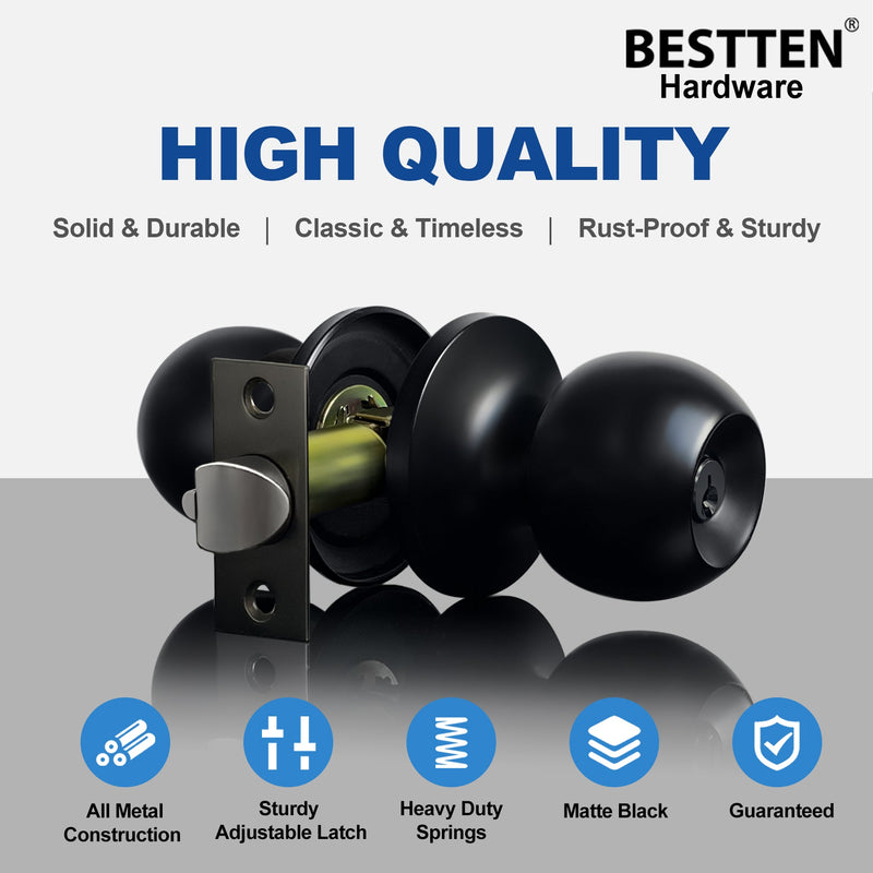 BESTTEN [3 Pack] Keyed Entry Door Knob, Entrance Door Lock, Keyed Different, Standard Ball, Matte Black