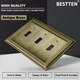 [10 Pack] BESTTEN Antique Brass Metal Toggle Switch Wall Plate, 3 Gang Zinc Alloy Grand Collection Aged Brass Light Switch Cover, Corrosion Resistant