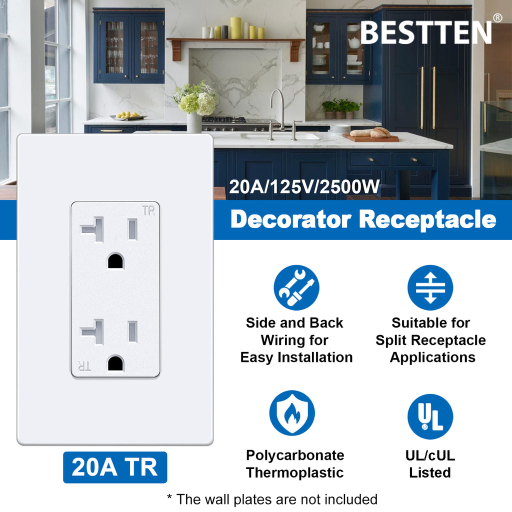 [10 Pack] BESTTEN 20A Wall Decorator Receptacle Outlet, Electrical Tamper Resistant Outlets, Residential and Commercial Use, UL Listed, White
