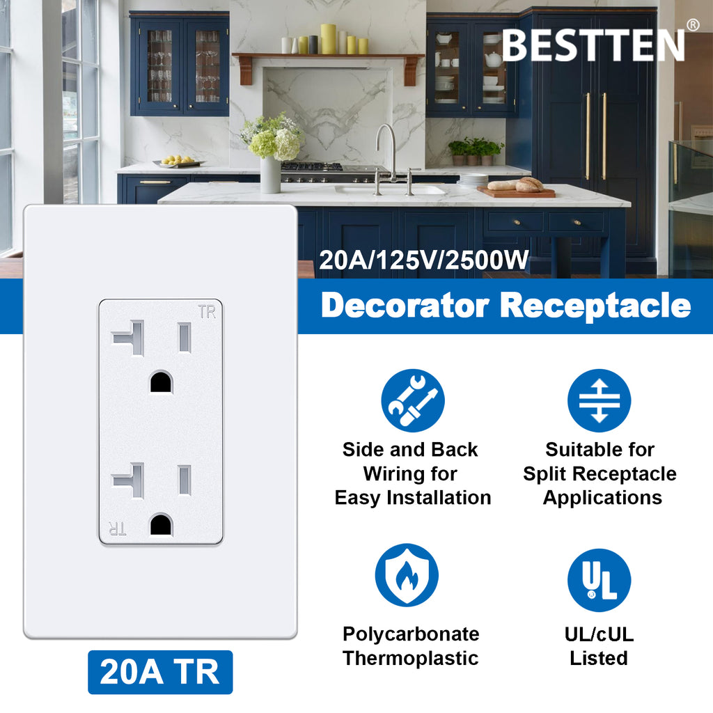[10 Pack] BESTTEN 20 Amp Receptacle Outlet with Tamper Resistant, Screwless Wallplate Included, UL Listed, White