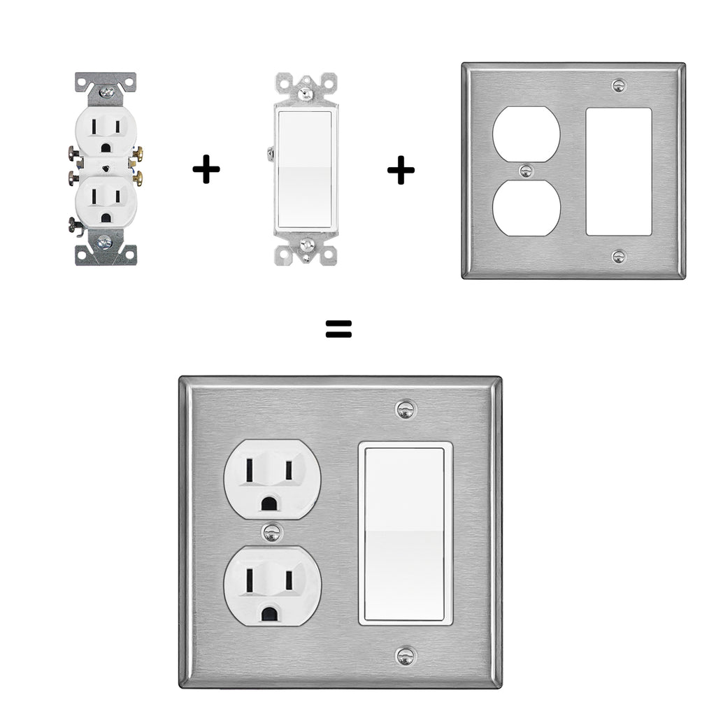 [2 Pack] BESTTEN 2-Gang Combination Metal Wall Plate with White or Clear Plastic Film, 1-Duplex/1-Decor, Anti-Corrosion Stainless Steel Outlet and Switch Cover, Standard Size, Brushed Finish, Silver