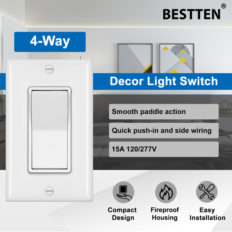 [2 Pack] BESTTEN 4-Way Decorator Wall Light Switch with Wallplate, 15A 120/277V, On/Off Paddle Rocker Interrupter, Self-Grounding, UL Listed, White