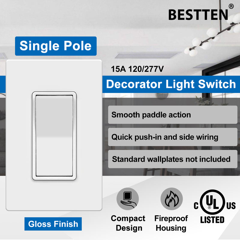 BESTTEN 10 Pack Single Pole Decorator Wall Light Switch, 15A 120/277V, Paddle Light Switch, On/Off Rocker Interrupter, UL Listed, White