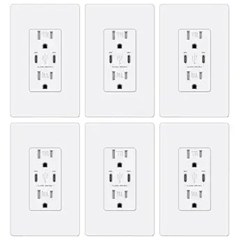 BESTTEN 6 Pack GaN 65W USB C Wall Outlet for Laptop, Type C Supports Power Delivery 3.0, 15A Tamper-Resistant Receptacle with Dual USB C Ports, Screwless Wallplate Included, ETL Listed, White