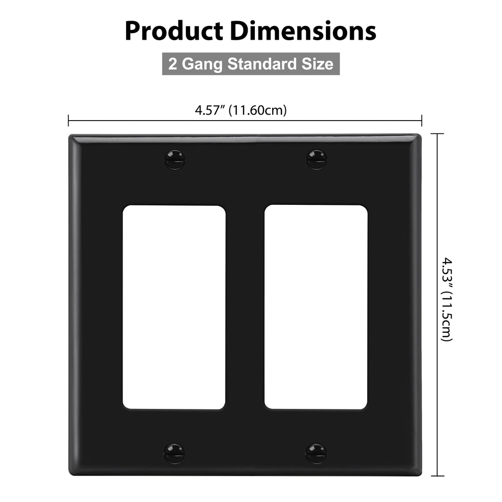 [2 Pack] BESTTEN 2 Gang Black Wall Plate, Decor Outlet Cover, Standard Size, H4.53-Inch x W4.57-Inch, Unbreakable Polycarbonate Decorator Switch Plate, UL Listed