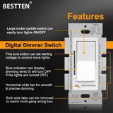 1/5/10 Pack - BESTTEN Digital Dimmer Switch with LED Indicator, Horizontal Dimming Slider Bar, Single Pole or 3-Way, Suit for Dimmable LED Light, CFL, Lamp, Incandescent, Halogen Bulb, UL Listed