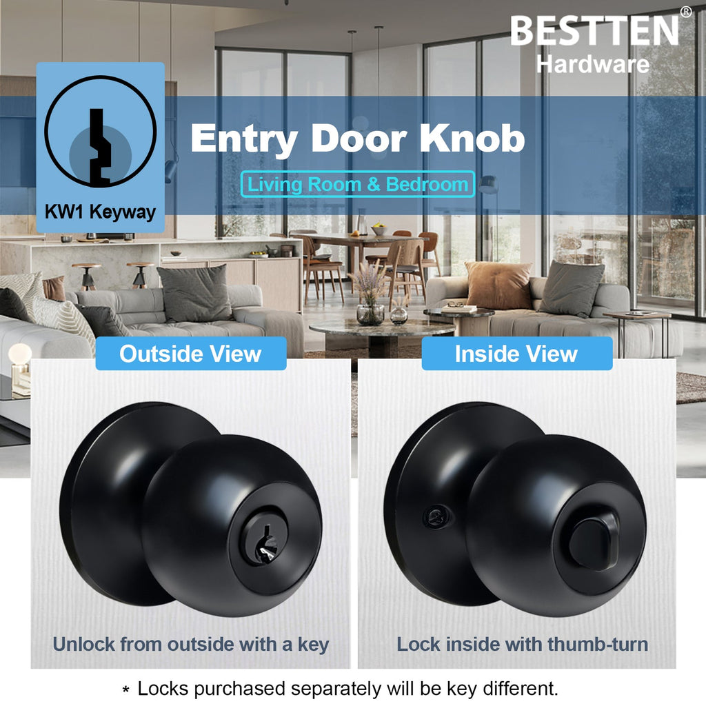 BESTTEN [3 Pack] Keyed Entry Door Knob, Entrance Door Lock, Keyed Different, Standard Ball, Matte Black