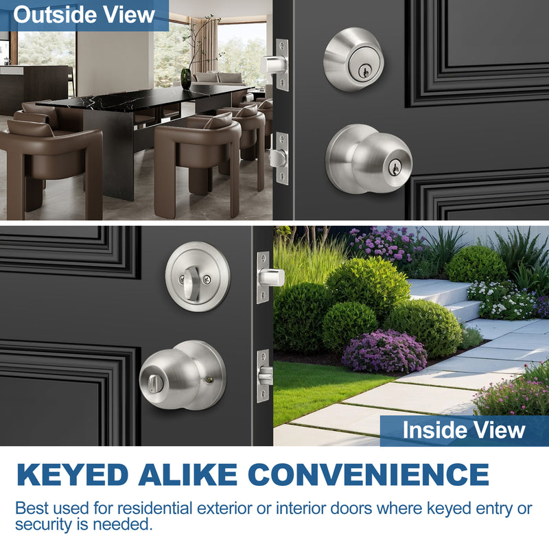 3 Set Keyed Alike Exterior Door Knobs and Single Cylinder Deadbolts Combo Set, Satin Nickel Entry Door Knobs with Locks and Keys for Entrance and Front Door