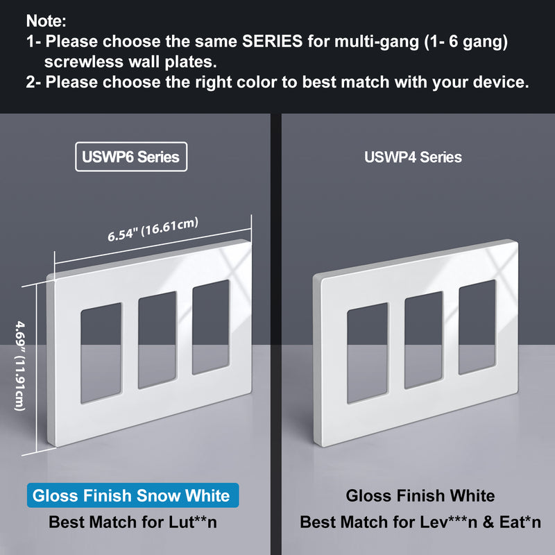BESTTEN 5 Pack Screwless Decorative Wall Plate, 3-Gang Decorator Outlet Cover, Decor Switch Cover, USWP6 Gloss Snow White, H4.69” x W6.54”, Wallplate for Dimmer, GFCI, USB Receptacle