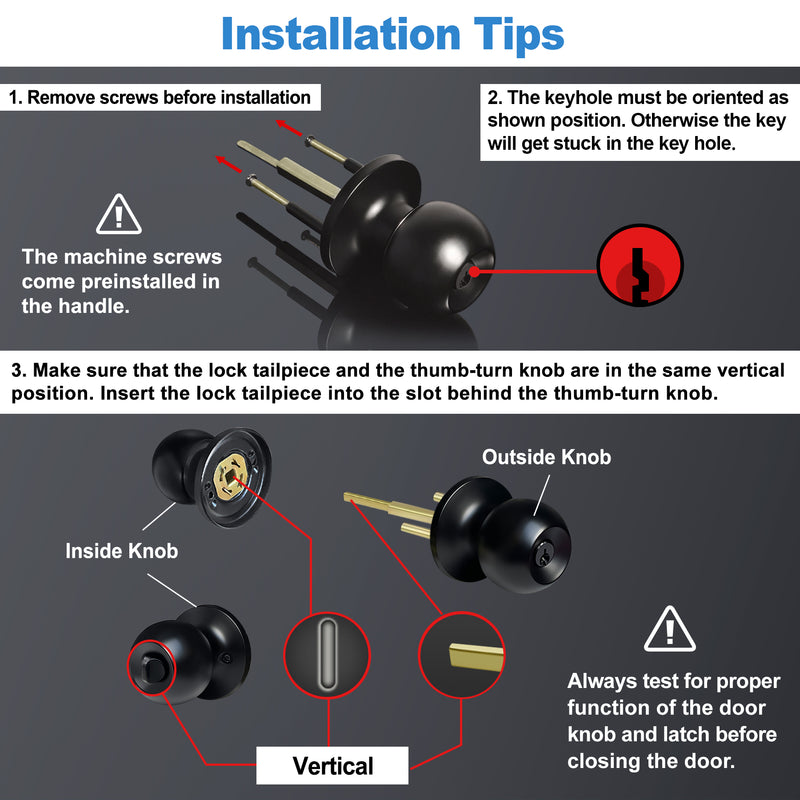 BESTTEN Keyed Entry Door Knob, Entrance Door Lock, Standard Ball, All Metal, Matte Black