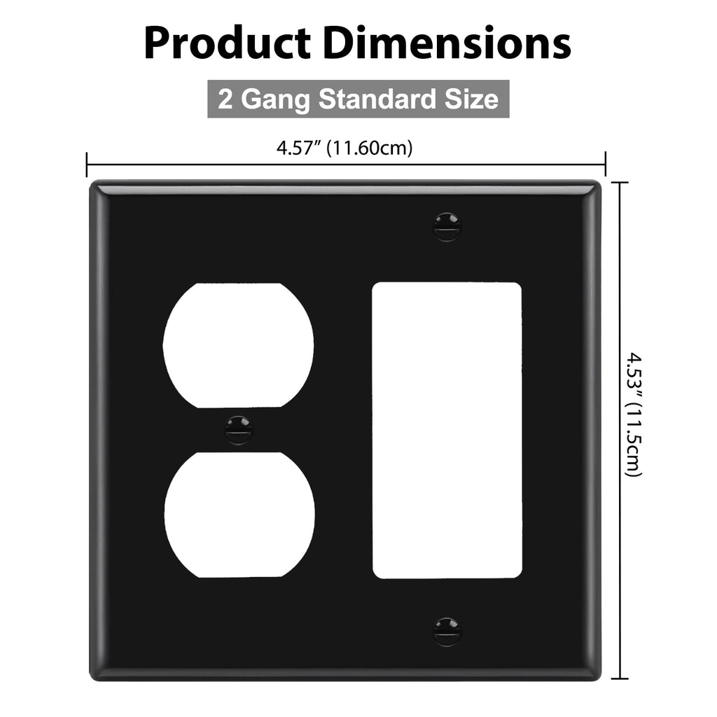 [2 Pack] BESTTEN 2-Gang Combination Wall Plate, 1-Duplex/1-Decor, Standard Size H4.53-inch x W4.57-inch, Unbreakable Polycarbonate Outlet and Switch Cover, UL Listed, Black