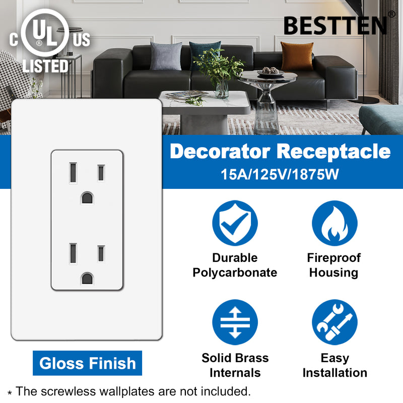 [10 Pack] BESTTEN Decorator Electrical Wall Outlet Receptacle, Non-Tamper-Resistant, 15A/125V/1875W, for Residential and Commercial Use, UL Listed, White