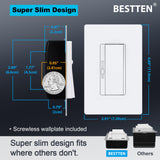 BESTTEN 10 Pack Super Slim Digital Dimmer Light Switch, Quiet Rocker, Max 300W LED, CFL, 600W Halogen, Single Pole or 3 Way Dimmable Switch, Screwless Wallplate Included, ETL Listed, White
