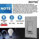 [2 Pack] BESTTEN Dimmer Switch, Universal Lighting Control, Single-Pole or 3-Way, Compatible with LED Dimmable Light, CFL, Incandescent, Halogen Bulb, UL Listed, Gray