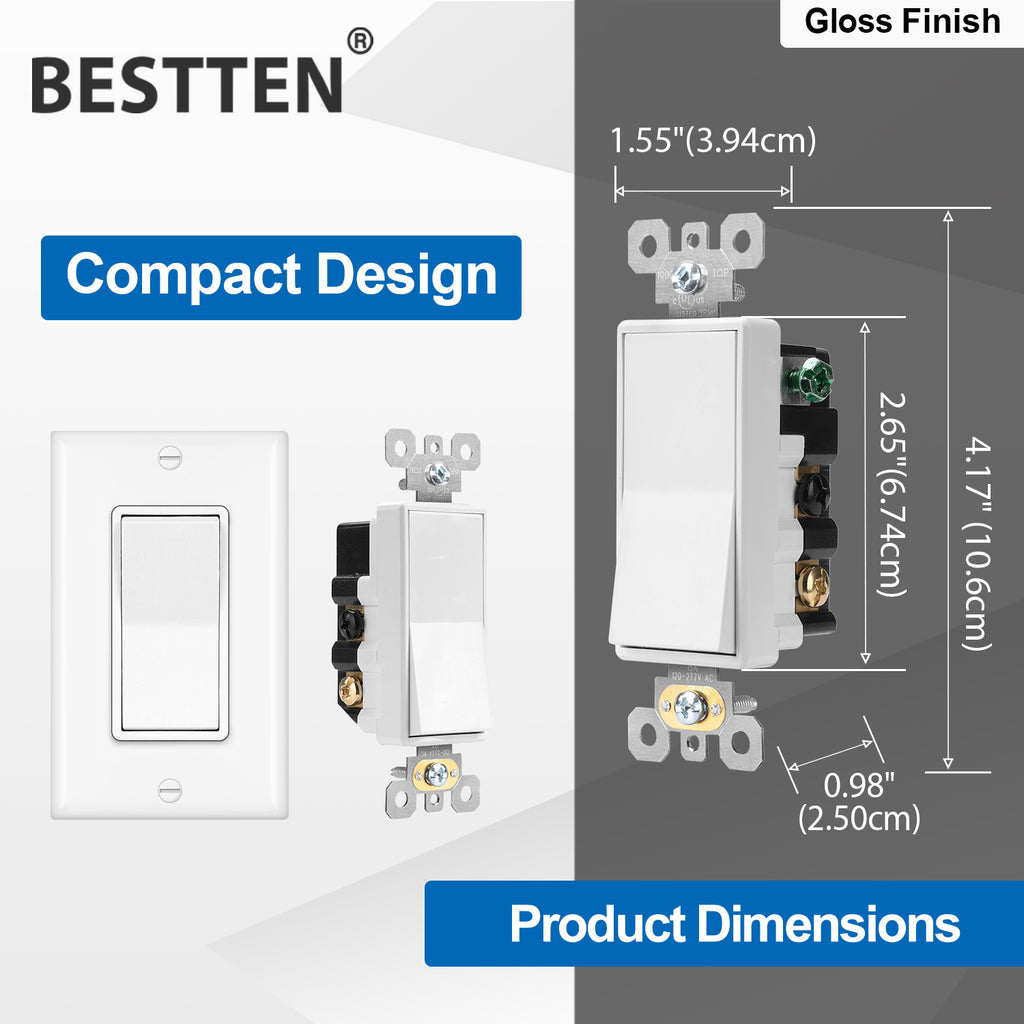 [2 Pack] BESTTEN 4-Way Decorator Wall Light Switch with Wallplate, 15A 120/277V, On/Off Paddle Rocker Interrupter, Self-Grounding, UL Listed, White