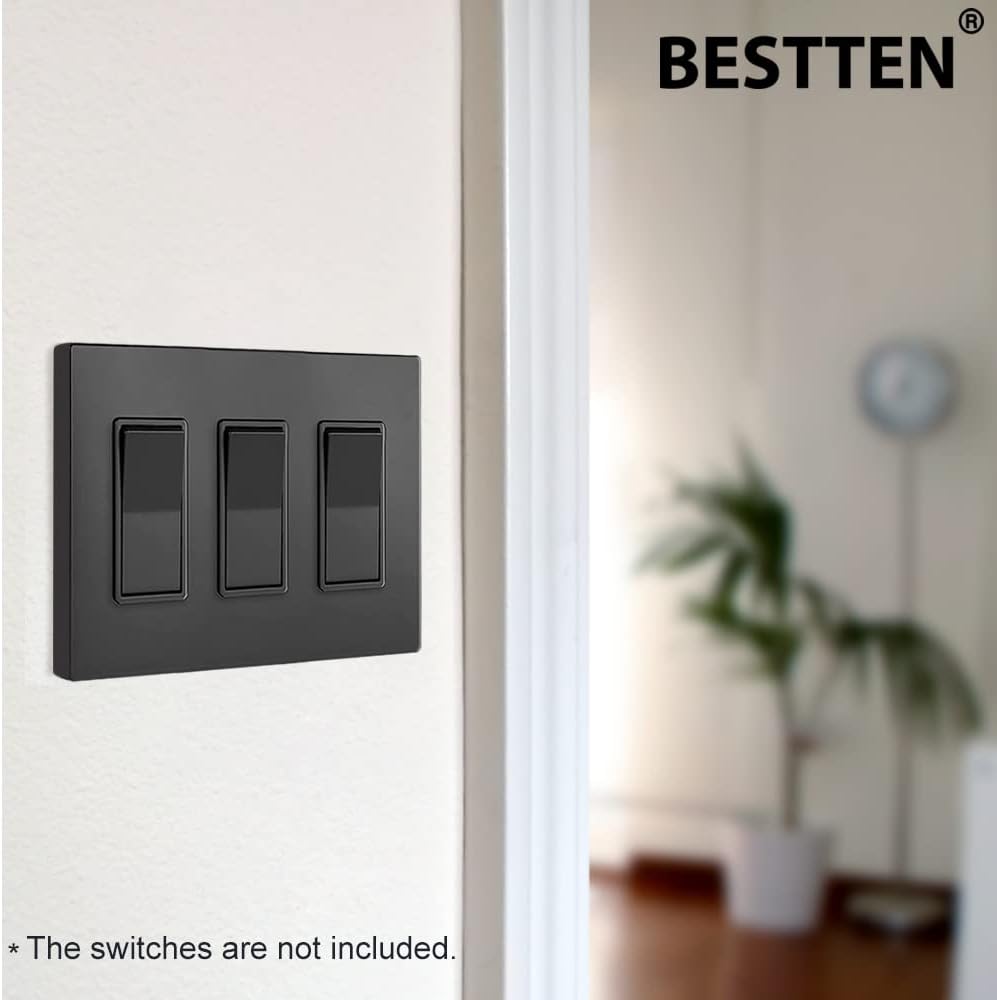[2 Pack] BESTTEN 3-Gang Black Screwless Wall Plate, Unbreakable Polycarbonate Outlet Cover, H4.69??¨¤ x W6.54??¨¤, for Light Switch, Dimmer, GFCI, USB Receptacle
