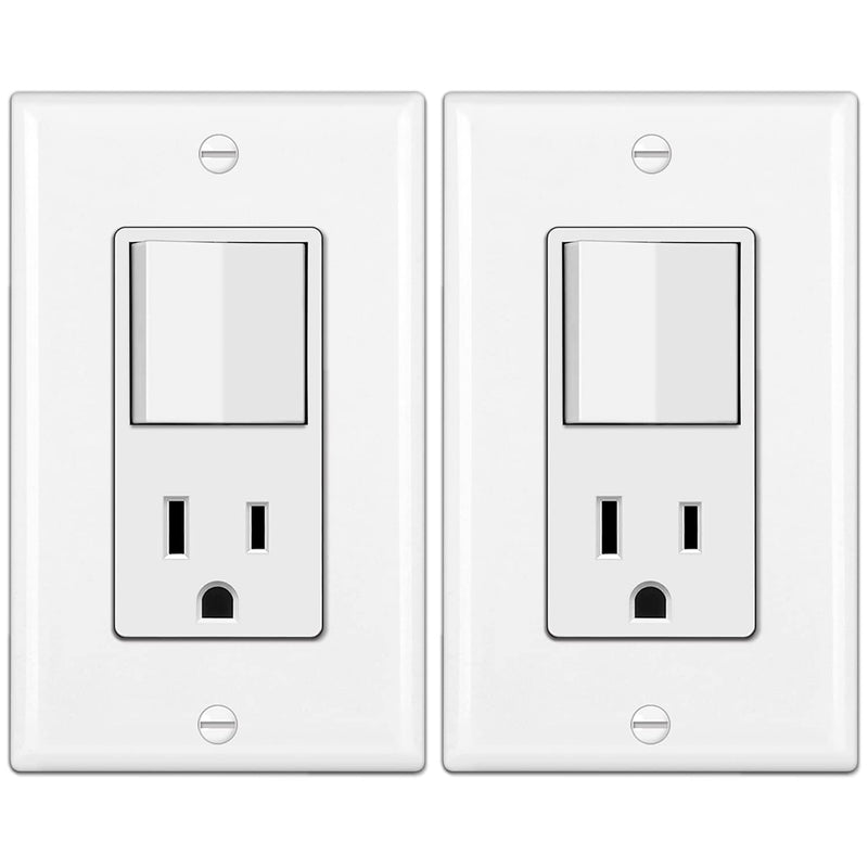 BESTTEN 2 Pack Combination Wall Light Switch and Decor Outlet, Single Pole Rocker Switch, 15A/120V, Decorative Receptacle, 15A/125V, Combo Style, Wallplate Included, Side Wire, UL Listed, White