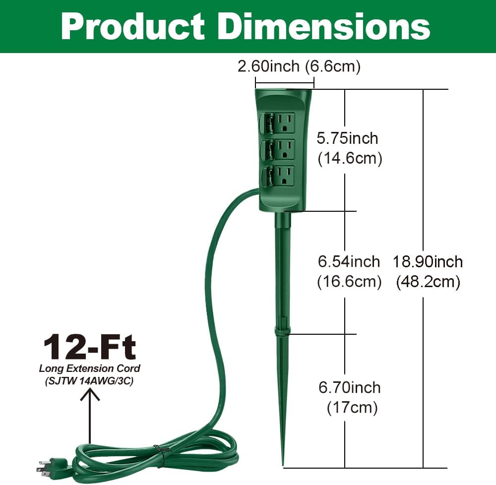 BESTTEN 3-Outlet Outdoor Power Stake with 12-Foot Long Extension Cord, Weatherproof Yard Power Strip with Outlet Covers, ETL Listed, Green
