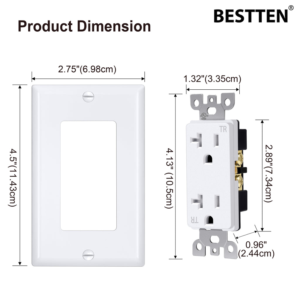[20 Pack] BESTTEN 20A Wall Receptacle Outlet, Tamper-Resistant (TR), Decor Wallplate Included, Commercial Use, UL Listed, White