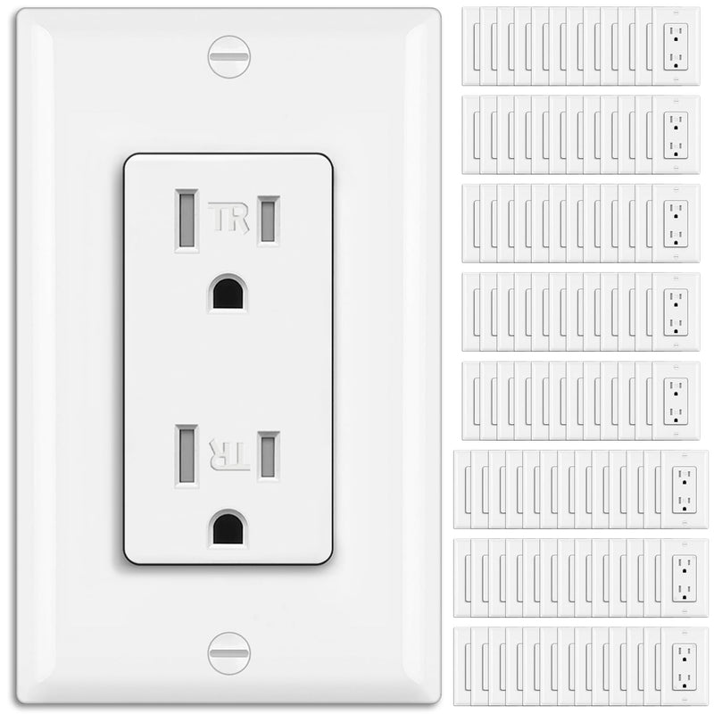 BESTTEN 100 Pack 15 Amp Outlet, Decorator Receptacle Outlet, Standard Electrical Wall Outlet, Tamper Resistant, Residential and Commercial Use, Wallplate Included, 15A/125V/1875W, UL Listed, White