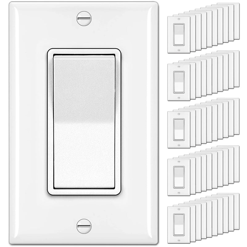 BESTTEN 50 Pack Single Pole Decorator Wall Light Switch with Wallplate, 15A 120/277V, On/Off Rocker Paddle Interrupter, UL Listed, White