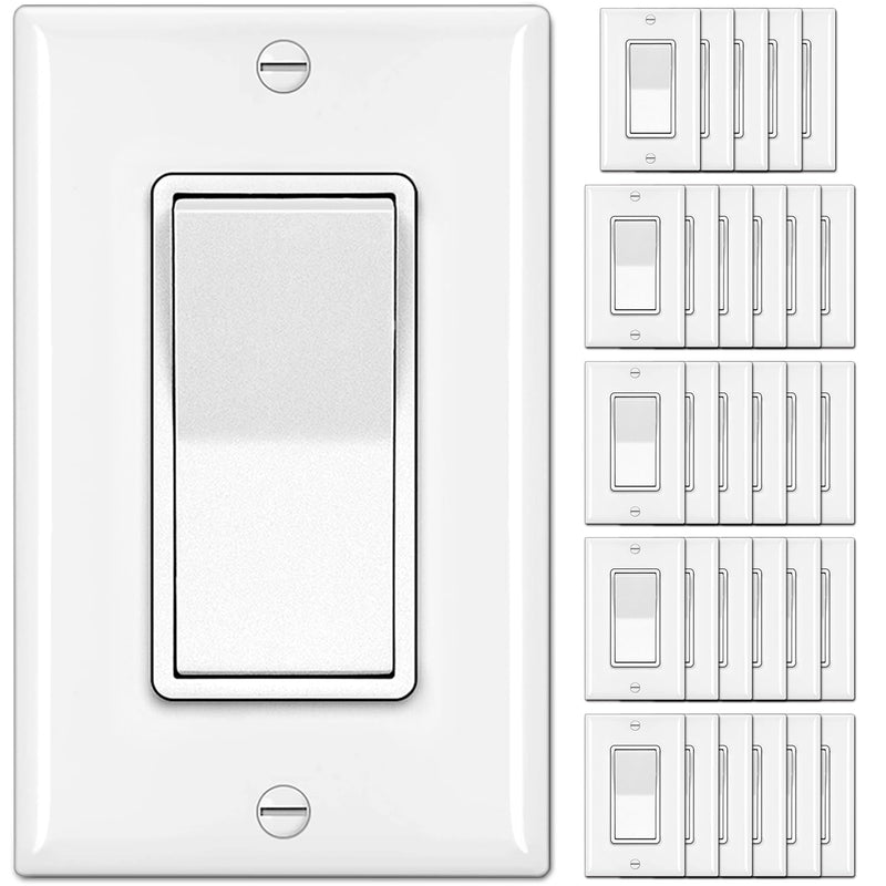 BESTTEN 30 Pack Single Pole Decorator Light Switch, Rocker Paddle Wall Switch, On/Off Interrupter, w/Wall Plate, 15A 120/277V, UL Listed, White