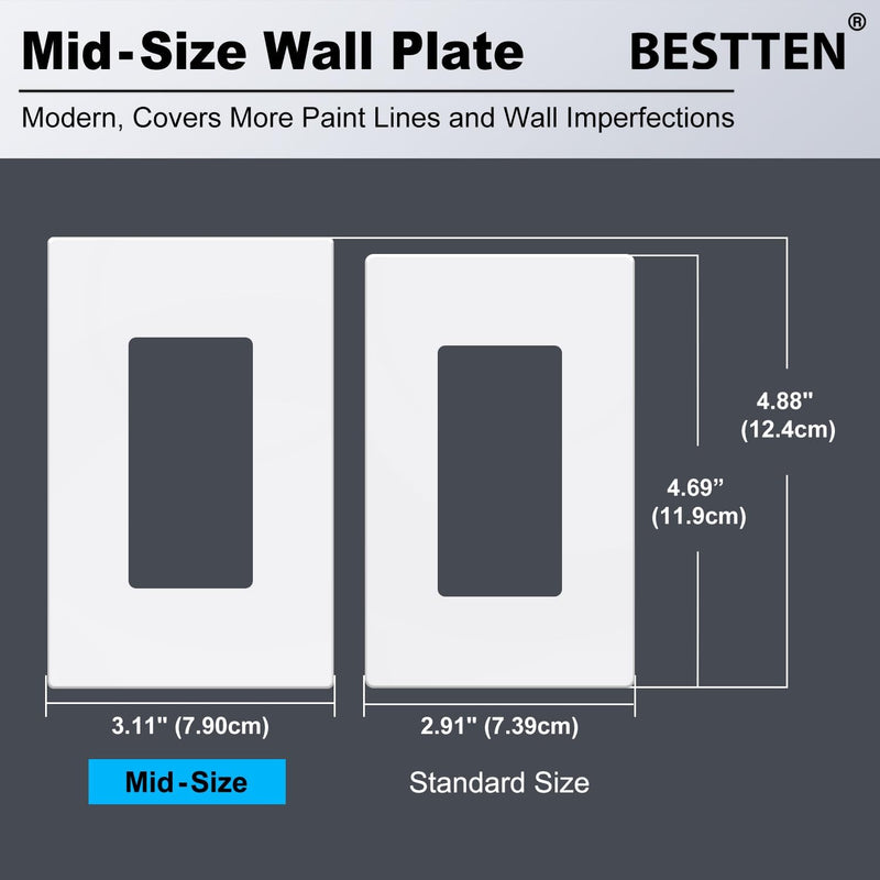 [10 Pack] BESTTEN 1 Gang Screwless Decorative Wall Plate, Mid-Size H4.88" x W3.11", USWP6 Gloss Snow White, Faceplate Cover for Decorator Receptacle Outlet & Switch