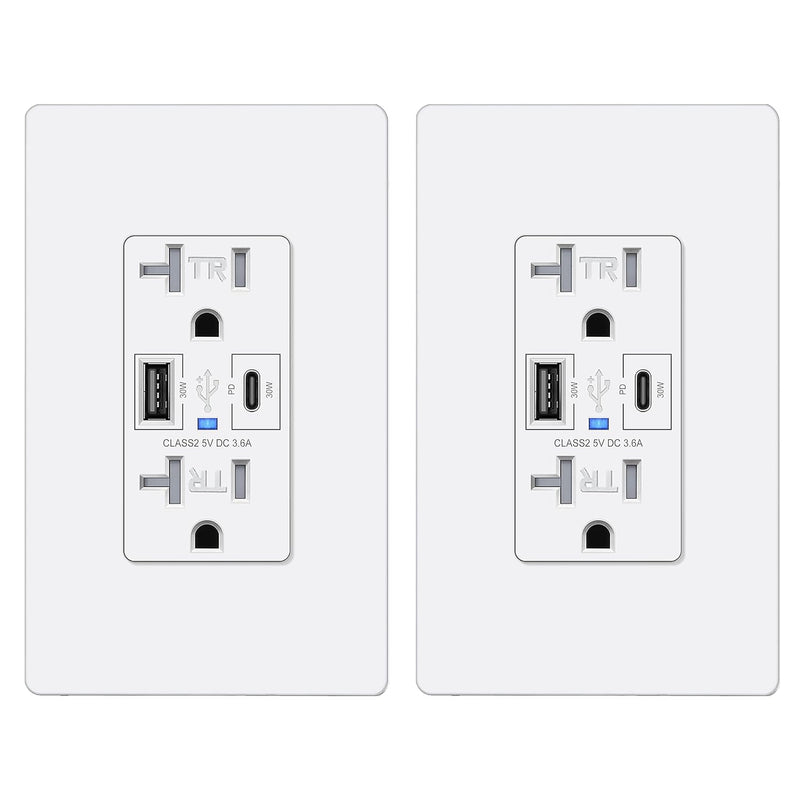 BESTTEN 30W USB C Wall Outlet Receptacle, PD 3.0 Quick Charging USB Outlet, 20 Amp Tamper Resistant Outlet with Type A & Type C USB Ports, Screwless Wallplate Included, UL Listed, 2 Pack, White