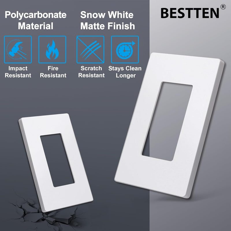 (20 Pack) BESTTEN USWP6 Matte Snow White Series, 1-Gang Screwless Wall Plate, Decorator Outlet Cover, Decor Switch Plate, H4.69” x W2.91”, for Dimmer, USB, GFCI, Receptacle