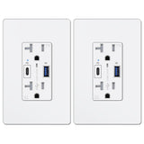 BESTTEN 2 Pack GaN 65W USB C Wall Receptacle for Laptop, 20A Outlet with High Speed Charging USB Port, Type C Supports PD 3.0 & PPS, Type A Supports Quick Charger 3.0, UL Listed, White