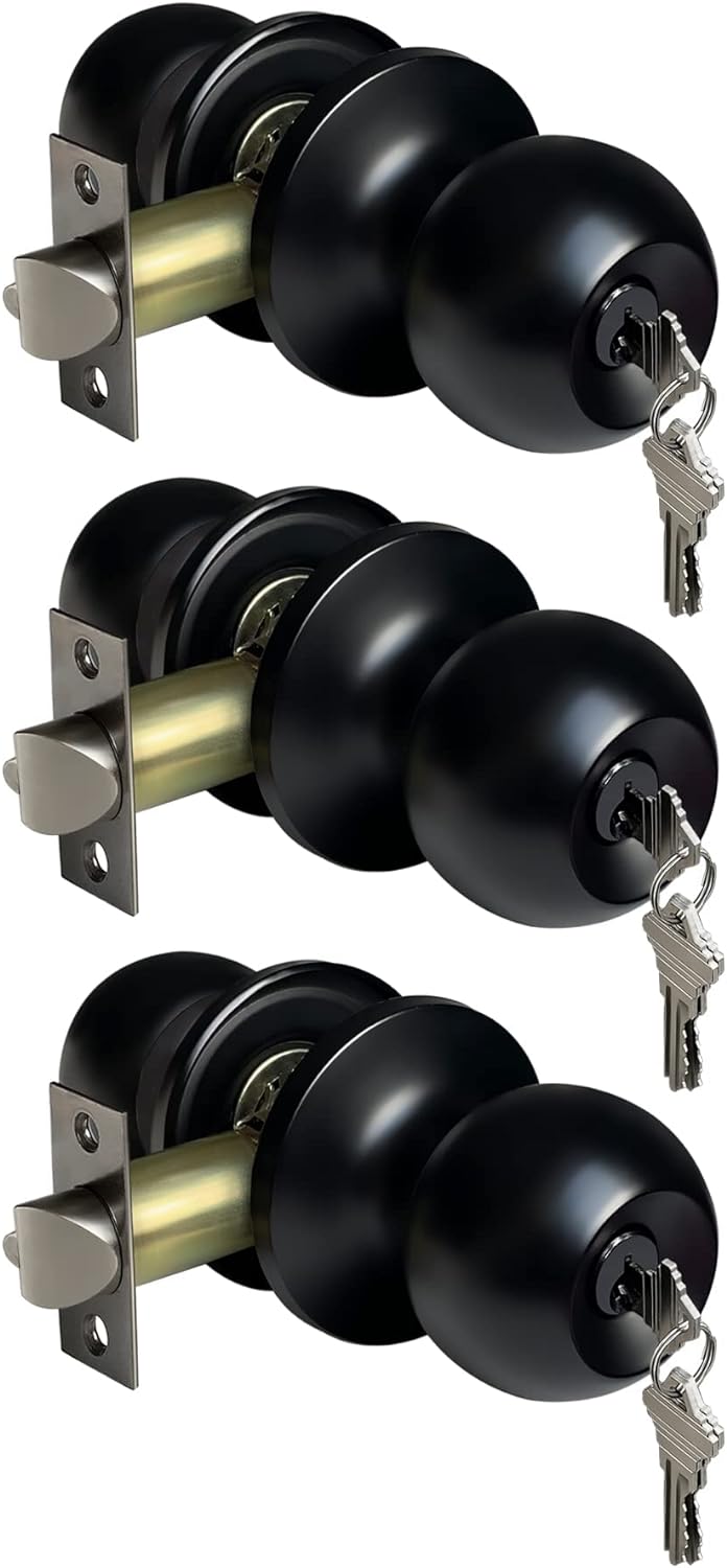 BESTTEN [3 Pack] Keyed Entry Door Knob, Entrance Door Lock, Keyed Different, Standard Ball, Matte Black