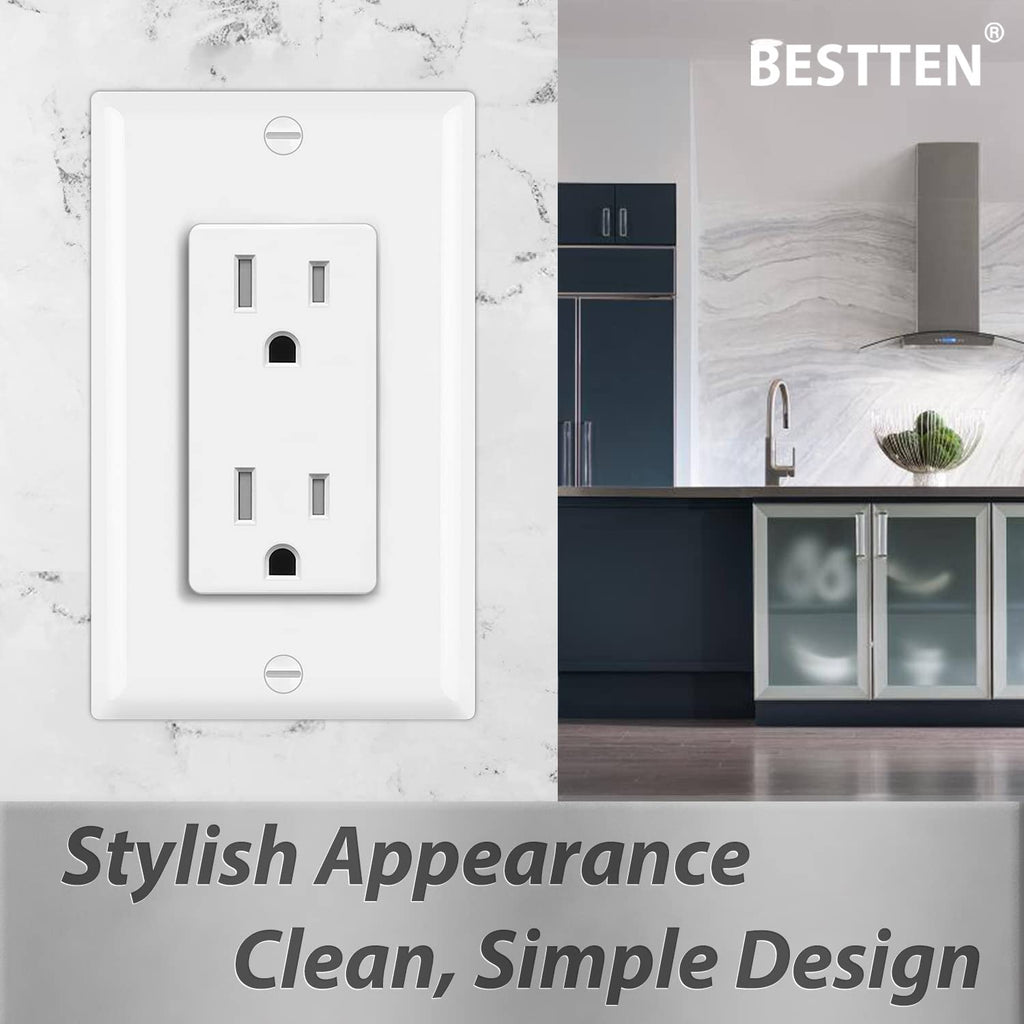 [50 Pack] BESTTEN 15 Amp Decorator Receptacle Outlet, Tamper Resistant Receptacle, Residential and Commercial Use, Wallplates Included, 15A/125V/1875W, UL Listed, White
