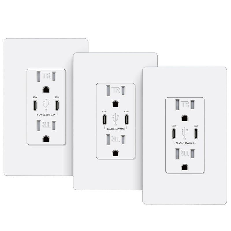 BESTTEN 3 Pack GaN 65W USB C Wall Outlet for Laptop, Type C Supports Power Delivery 3.0, 15A Tamper-Resistant Receptacle with Dual USB C Ports, Screwless Wallplate Included, ETL Listed, White