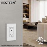 [10 Pack] BESTTEN 15 Amp Decorator Receptacle Outlet with Tamper Resistant, Screwless Wallplate Included, 110V/15A, for Commercial and Residential Use, UL Listed, White
