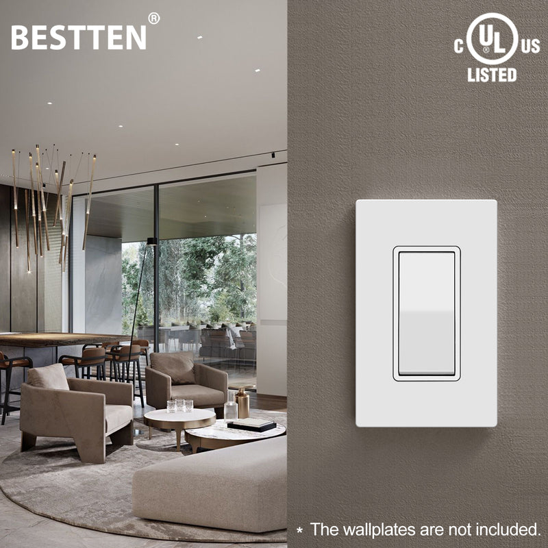 BESTTEN 10 Pack 3-Way Decorator Light Switch, 15A 120/277V, Single Pole or Three Way, Rocker Paddle Wall Switch, On/Off Rocker Interrupter, UL Listed, White