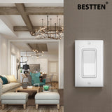 [2 Pack] BESTTEN 4-Way Decorator Wall Light Switch with Wallplate, 15A 120/277V, On/Off Paddle Rocker Interrupter, Self-Grounding, UL Listed, White