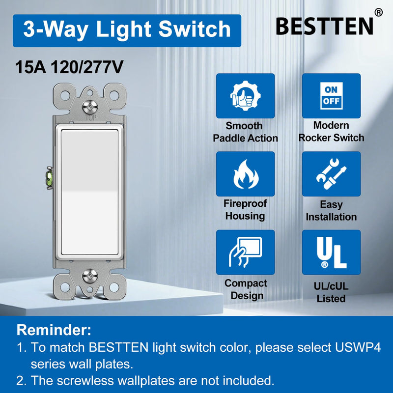 BESTTEN 10 Pack 3-Way Decorator Light Switch, 15A 120/277V, Single Pole or Three Way, Rocker Paddle Wall Switch, On/Off Rocker Interrupter, UL Listed, White