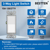 BESTTEN 10 Pack 3-Way Decorator Light Switch, 15A 120/277V, Single Pole or Three Way, Rocker Paddle Wall Switch, On/Off Rocker Interrupter, UL Listed, White