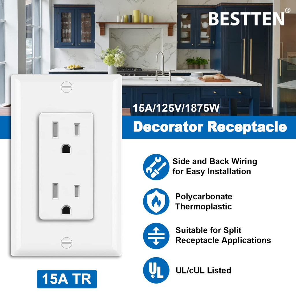 [50 Pack] BESTTEN 15 Amp Decorator Receptacle Outlet, Tamper Resistant Receptacle, Residential and Commercial Use, Wallplates Included, 15A/125V/1875W, UL Listed, White